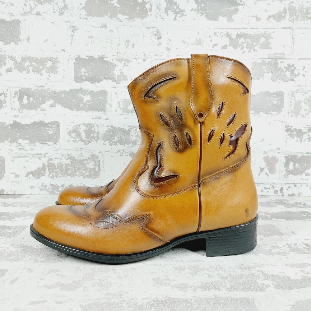 New For Her Tan Leather Cutout Cowboy Western Boots O794